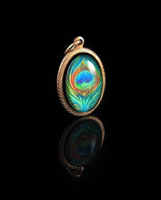 Load image into Gallery viewer, Peacock Feather -- Brass Pendant with Original Artwork | Hibernacula