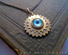 Загрузить изображение в средство просмотра галереи, Steampunk Emblem -- Sky Blue -- Brass Gear Pendant | Hibernacula