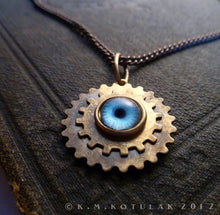 Загрузить изображение в средство просмотра галереи, Steampunk Emblem -- Sky Blue -- Brass Gear Pendant | Hibernacula