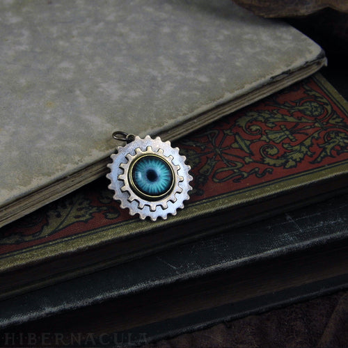 Steampunk Emblem -- Sky Blue -- Brass Gear Pendant | Hibernacula