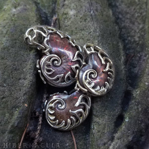 Ammonite Reliquary -- Red Opal Ammolite in Bronze or Silver | Hibernacula