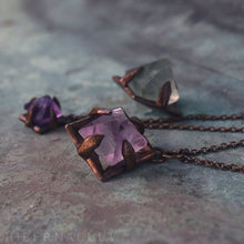 Load image into Gallery viewer, Focus Crystal -- Raw Teal or Purple Fluorite Octahedron Crystal in Bronze or Silver | Hibernacula
