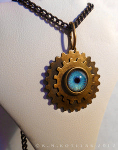 Steampunk Emblem -- Sky Blue -- Brass Gear Pendant | Hibernacula